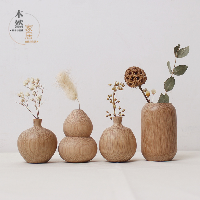 Japanese Grocery Solid Wood Dried Flower Wooden Crafts Wooden Ins Vase-Silent Wind Home Decoration Ornaments