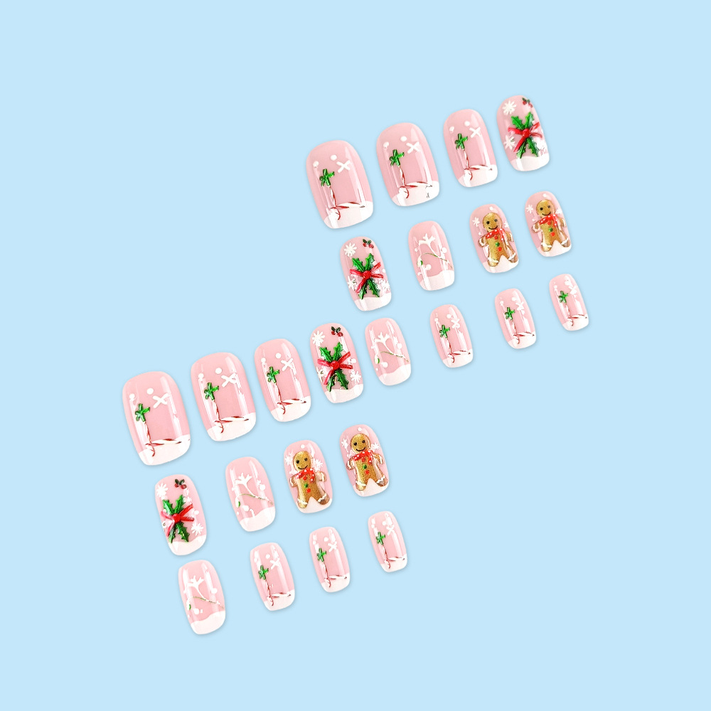 Nuevos productos transfronterizos Navidad en relieve de uñas, pan de jengibre, hombre de hoja de hiverno, estilo francés, 24 piezas de parches de uñas terminados.