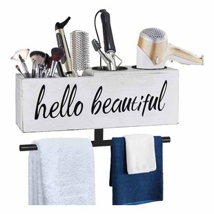 Custom Farmhouse Hair Dryer Holder with Towel Bar Hair Straightener Holder Curling Iron Wall Mounted