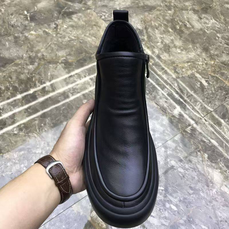 Bốt Martin nam cổ cao kiểu Chelsea da thật lót bông giữ ấm, gót thấp 1–3 cm — Màu đen cotton, Màu đen đơn chi tiết 3