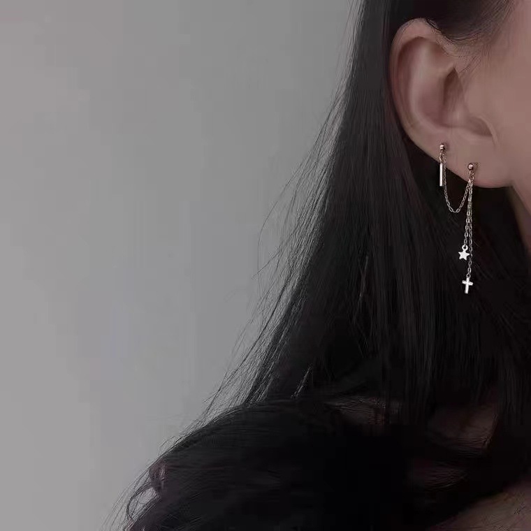 流蘇星星雙耳洞耳環女個性十字架百搭耳墜 簡約五角星長款不對稱
