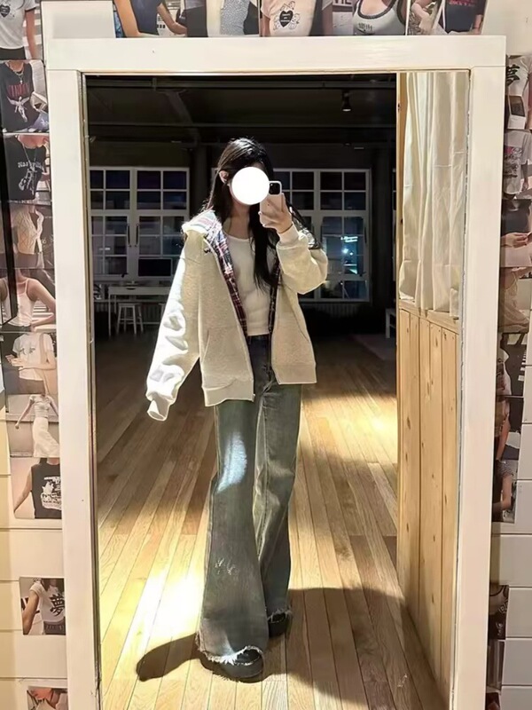 复古风连帽拉链开衫卫衣拼接2025秋冬新款格子加绒加厚休闲外套潮|undefined