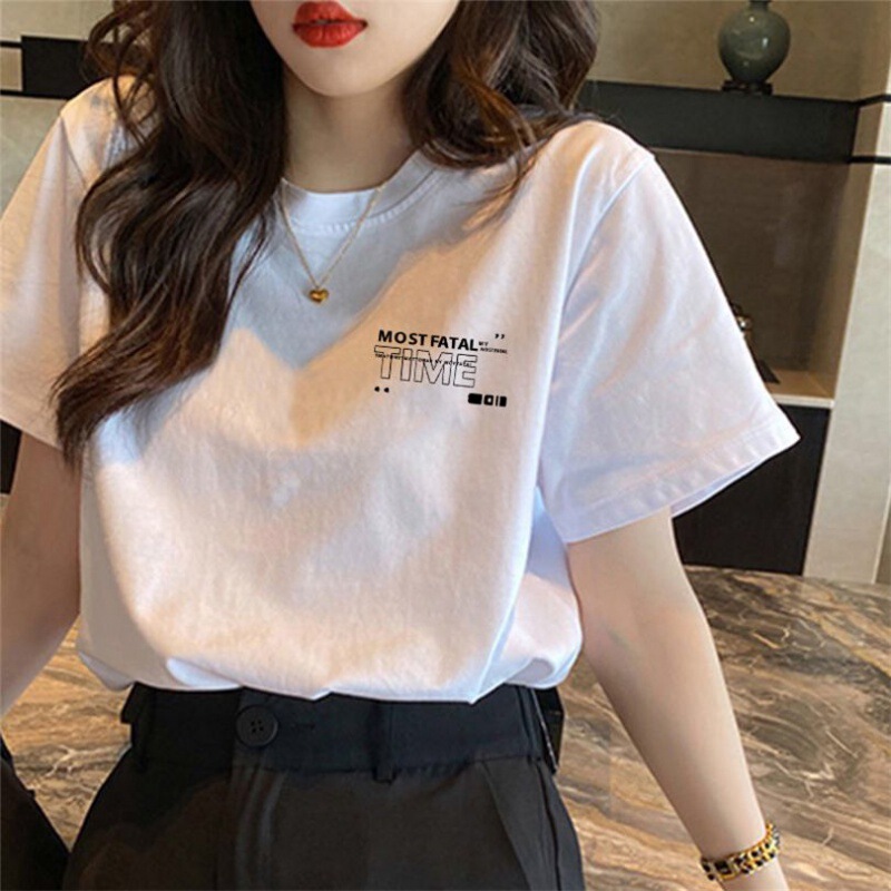 CoTTon WhiTe ShorT-sleeved T-shirT for Female STudenTs Loose Korean STyle Round Neck Summer BesTie Wear T-shirT ins Top
