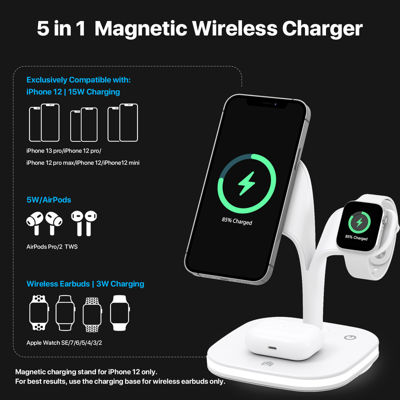 Huaqiang North multifunctional five-in-one wireless magnetic charging bracket fast charging 15W for Apple 16 with night light wholesale