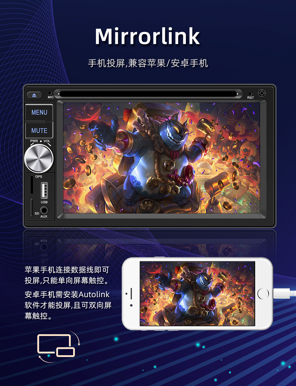 Wired Carplay 6.2inch Dual-Station Car Dvd Cd Bluetooth Mp5 Player Hd Reversing Image 12V