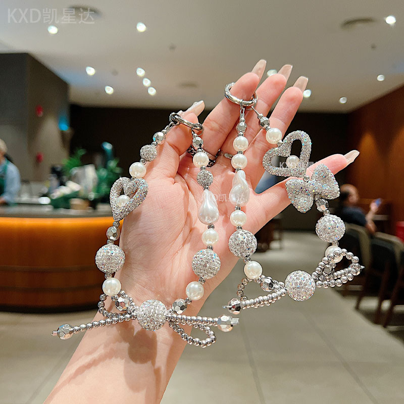 Full Diamond Love Butterfly Knot Bracelet Mobile Phone Lanyard Women's Light Luxury Handmade Bead Chain Flash Diamond Brightness Wrist