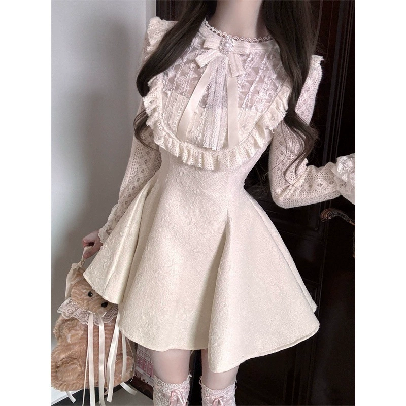 Роскошное тяжелое вязаное лоскутное кружевное платье, новое весеннее модное пышное короткое платье с облегающей талией для женщин.