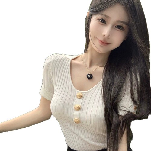 French pure desire style niche slim straight shoulder short-sleeved T-shirt summer short hot girl sexy temperament knitted top for women