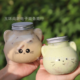 530ml transparent disposable plastic cat head bottle cold drink milk tea juice high color value bottle cartoon wholesale thick empty