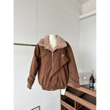 熹凤梨复古美拉德翻毛领咖色毛呢外套加厚保暖高级感夹克棉服女冬