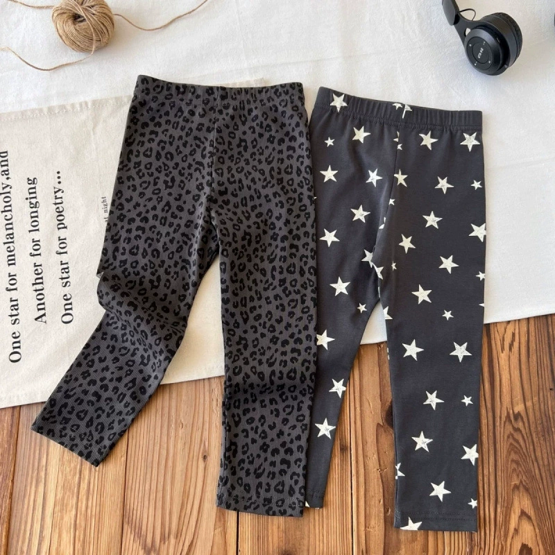 Брюки для девочек в корейском стиле, осенние новые детские леггинсы, брюки с леопардовым принтом и пятиконечной звездой, тонкая высокоэластичная верхняя одежда, длинные брюки