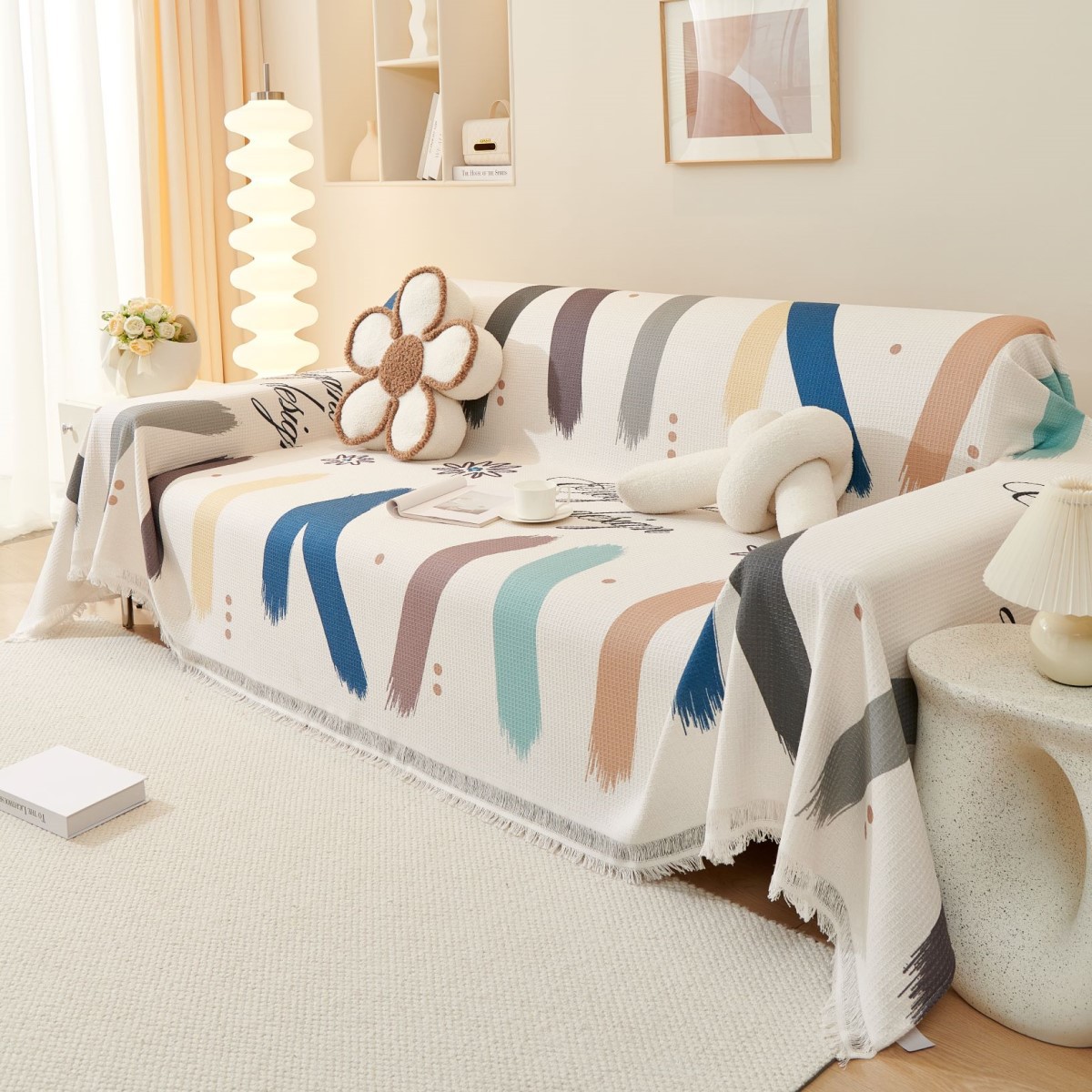 Copridivano universale in cotone e lino, moderno, semplice, con stampa a nido d'ape, per tutte le stagioni, lavabile in lavatrice_voghion.com