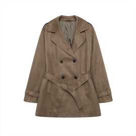 欧美风女装秋冬季腰带棕色复古纯色反绒皮效果中长款风衣3046279