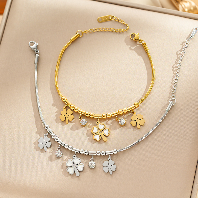 Europe and the United States cross-border stainless steel bracelet diamond love white shell four-leaf clover titanium steel 18k gold snake bone bracelet hand jewelry