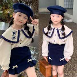 春秋装女童套装女宝宝韩版翻领衬衫短裙两件套一件代发小童秋季