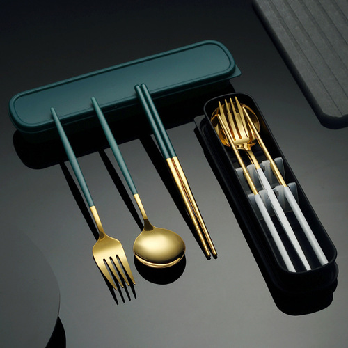 Cross-border stainless steel Portuguese chopsticks, spoons, and forks three-piece set portable gift tableware set factory wholesale