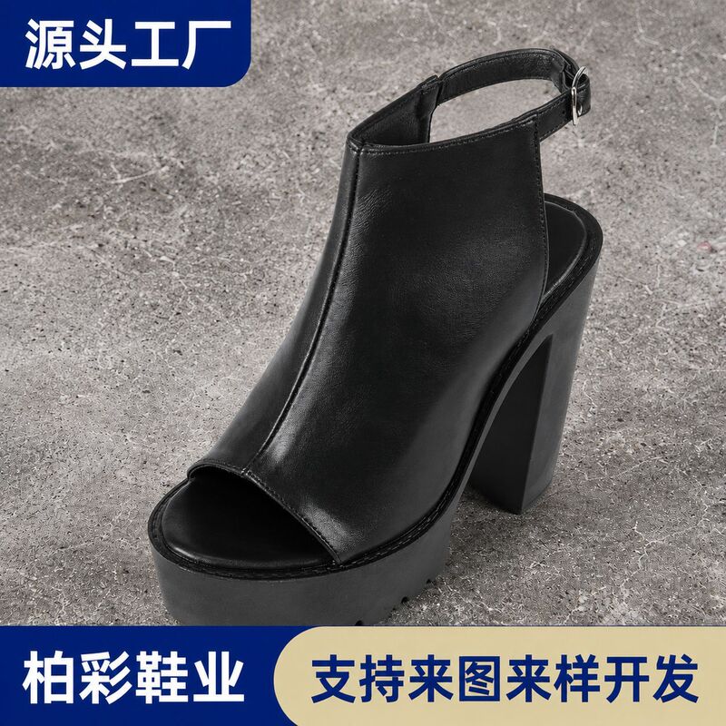 French-Style European and American Elegant High-Heeled Shoes with Thick Platform, Waterproof Platform Sandals, Open-Toe Fish-Mouth Design, Back Strap, Chunky Heel Women's Shoes