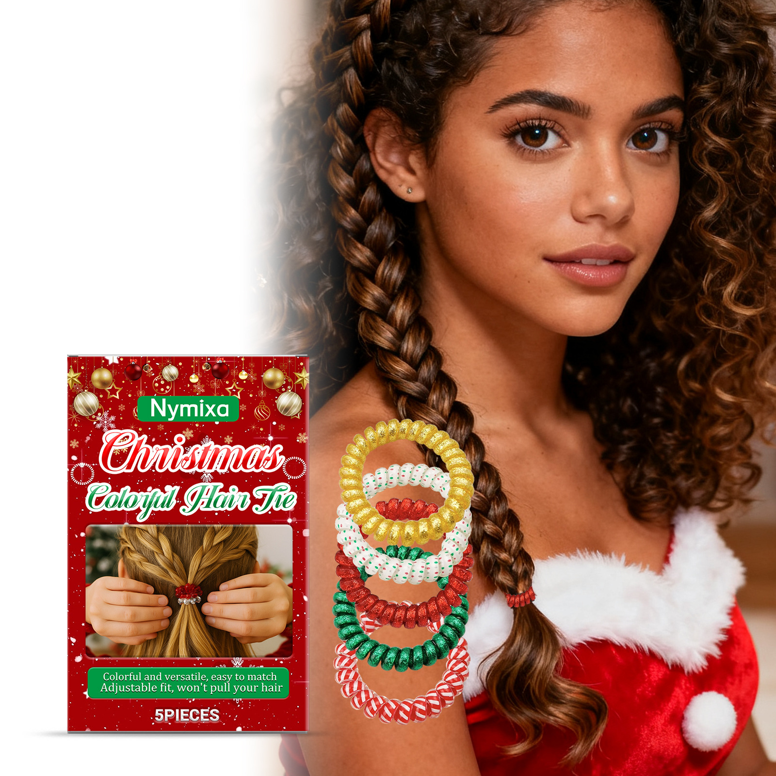 Nymixa 圣诞炫彩电话圈发圈 妆点圣诞气氛丸子头麻花辫发饰头绳