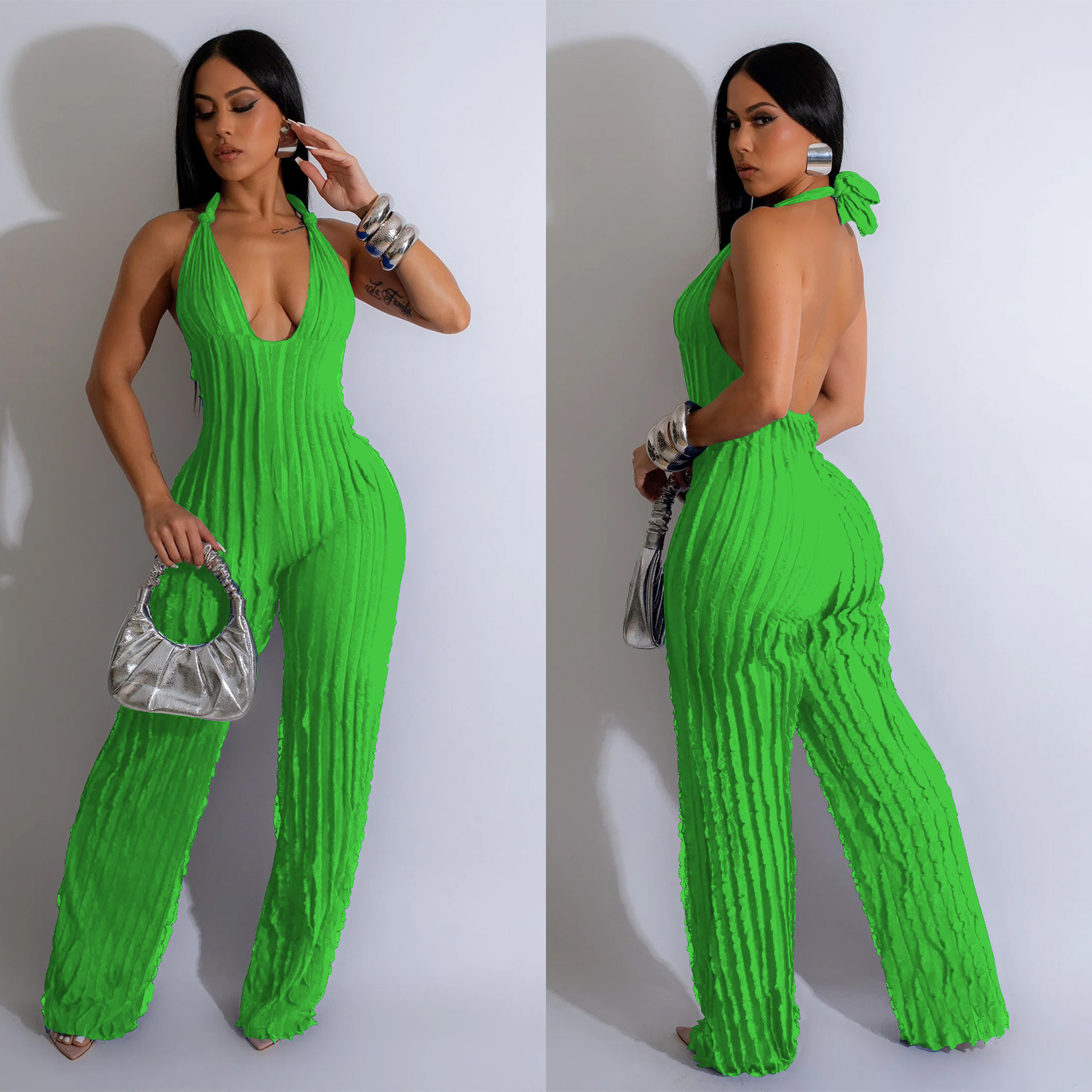 C6737 transfronterizo AliExpress Amazon Europa y América de las mujeres de la moda de color sólido sin respaldo profundo V plisado Halter mono de las mujeres