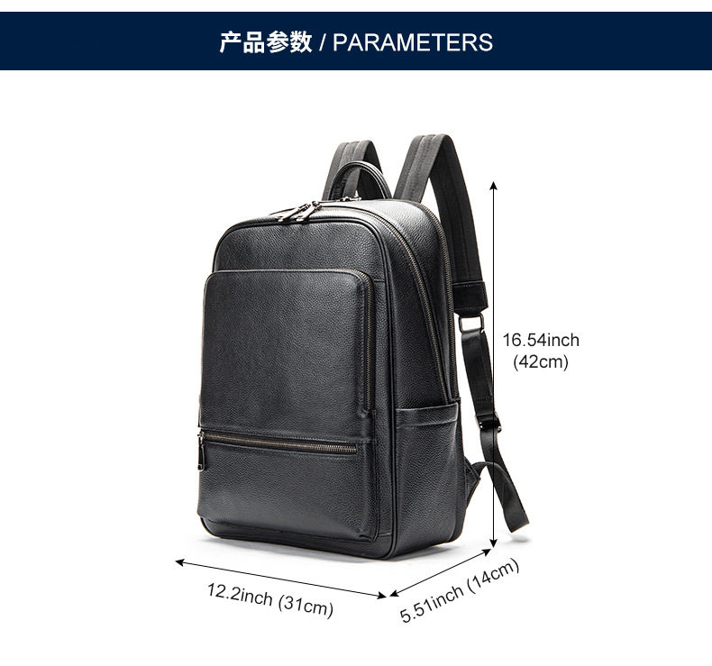 Ba lô da thật nam công sở dung tích lớn, túi đựng máy tính 16 inch da bò cao cấp — Màu đen, Da ngựa điên màu nâu chi tiết 10