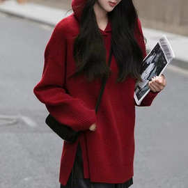 新款港风女毛衣秋冬软糯连帽套头针织衫慵懒风上衣打底衫 小红帽