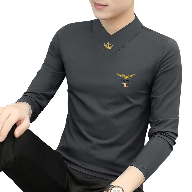 New Long-sleeved T-shirt Men's V-neck Autumn and Winter Base Shirt Fleece-lined Thickened High-end Embroidered Inner Top Men's Trendy
