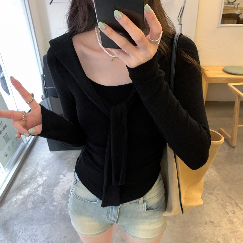 韩版chic别致紫色披肩假两件长袖T恤女秋季新款气质收腰显瘦上衣|undefined