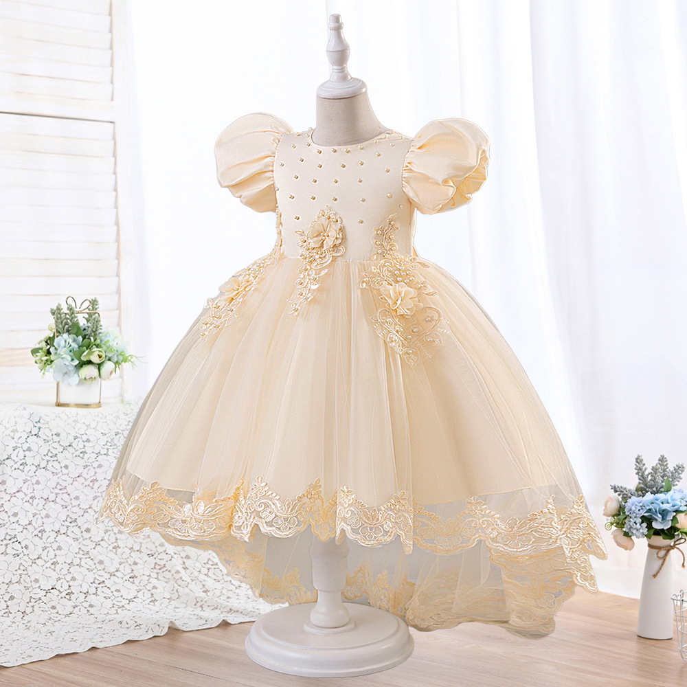 Vestido de niños transfronterizo nueva niña burbuja manga malla princesa flor floral vestido de cola espectáculo vestido de noche