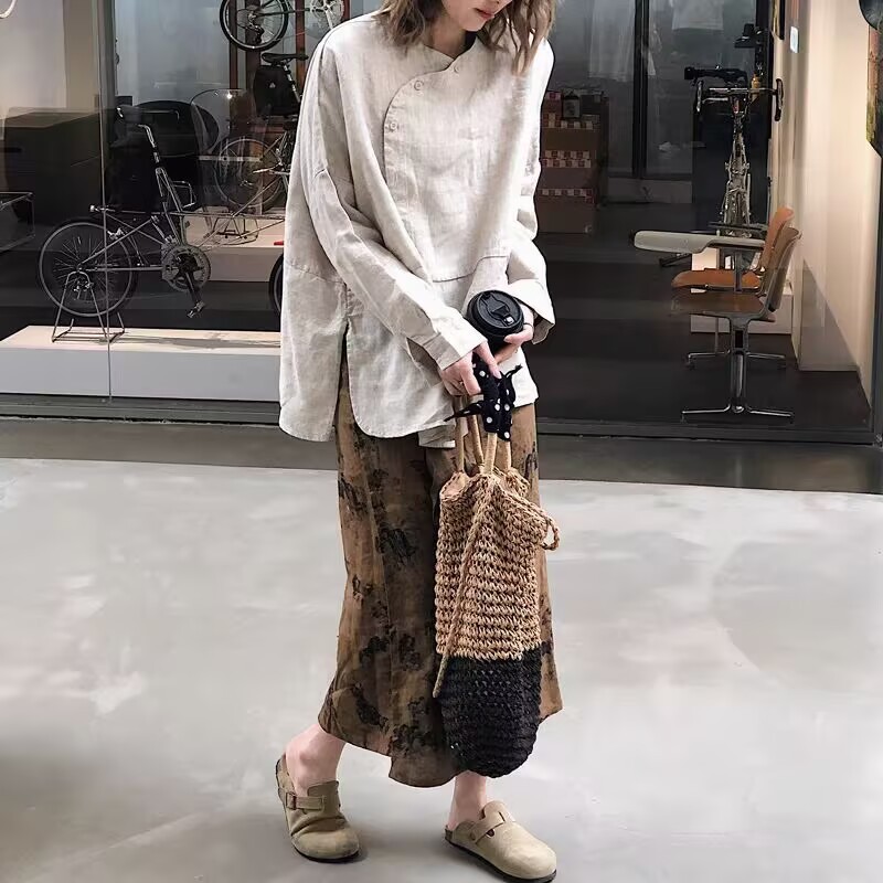 文艺亚麻不对称开叉衬衣新中式国风衬衫女装上衣长袖小衫禅修|undefined