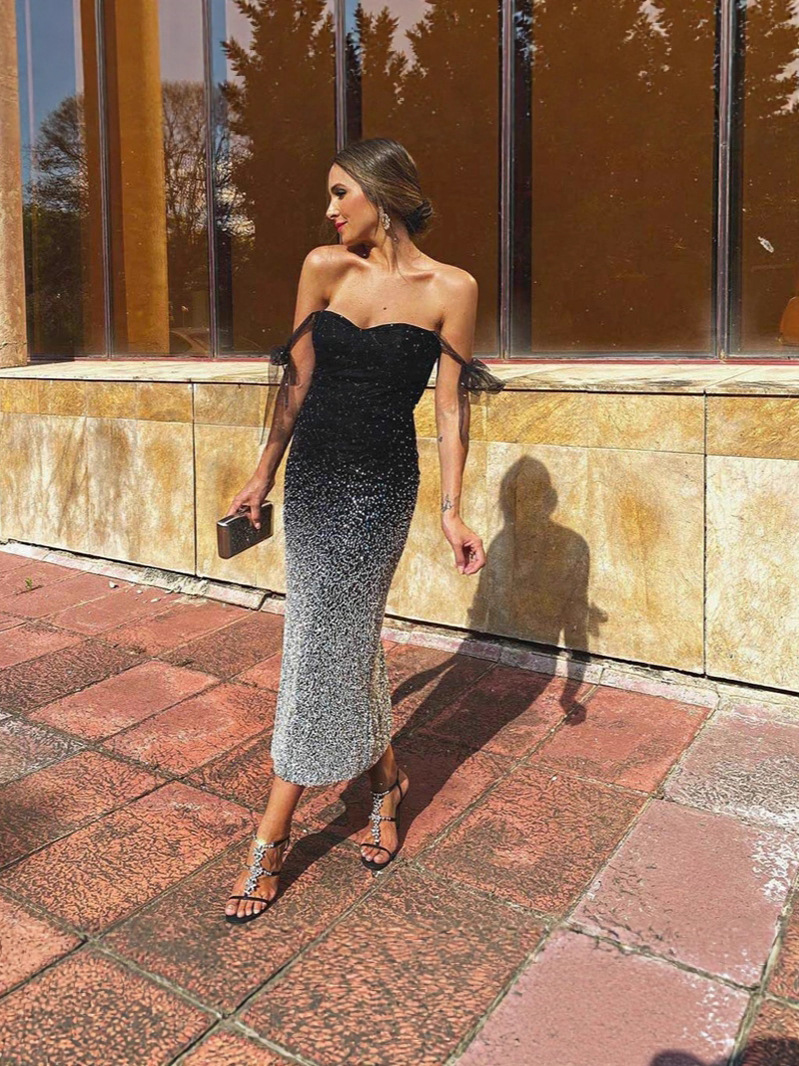 El Comercio exterior europeo y americano nuevo vestido de lentejuelas con cuello en V de cintura alta con Vestido de manga larga falda de la cintura banquete fiesta de cóctel