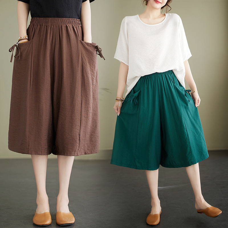 Foreign Trade Cotton Linen Casual Wide Leg Pants Women's 2023 Summer Large Size Loose Skirt Pants Solid Color Fashion Slimming Capri Pants Trendy
