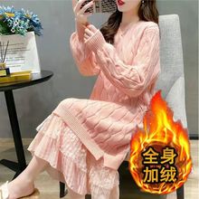 加绒加厚中长款毛衣裙女宽松显瘦新款秋冬连衣裙慵懒风打底针织衫
