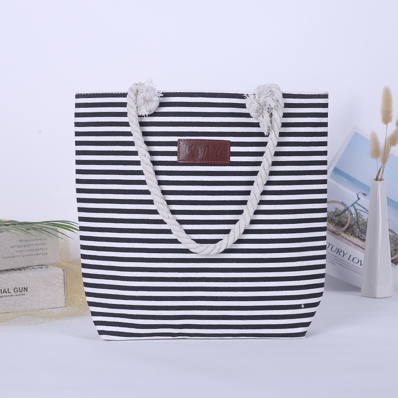 休闲条纹印花帆布包大容量购物帆布袋棉绳单肩手提帆布包印刷logo