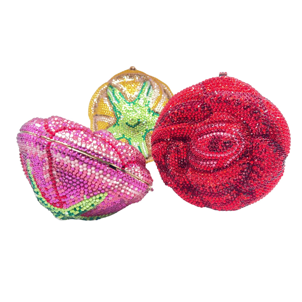 Túi clutch dạ hội đính kim cương hình hoa nổi 3D — màu đỏ, hoa hồng đỏ, vàng, bảy màu chi tiết 2