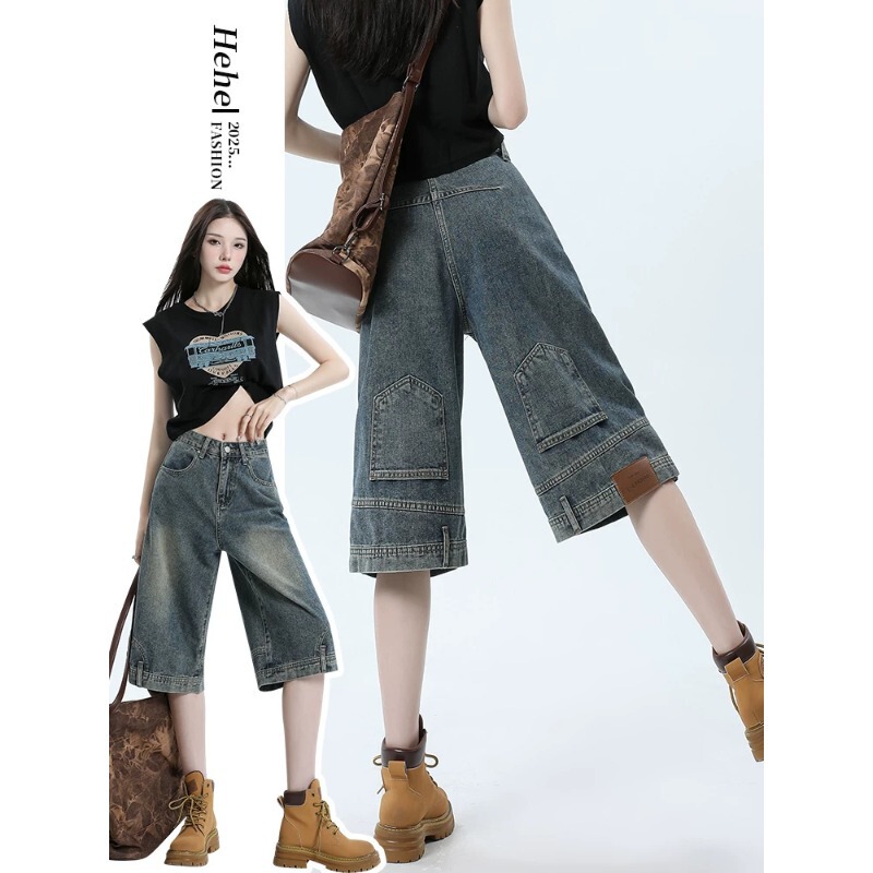 American retro style inverted-wear denim shorts for women, summer thin loose high-waisted wide-leg straight knee-length mid-length pants