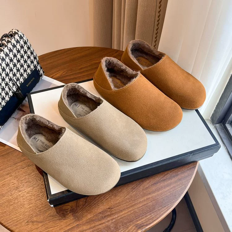 Ретро обувь Birkenstock для женщин 2024 зима новый стиль слепон плоская подошва внутренний подъем плюс бархат теплая повседневная обувь из хлопка