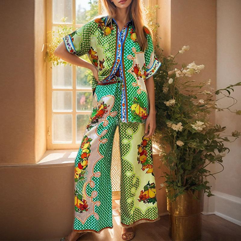 2 Pieces Set Quantity Daily Occasion Daily Women's Tropical Printing Polyester Pant Co-ord Set Pants Sets