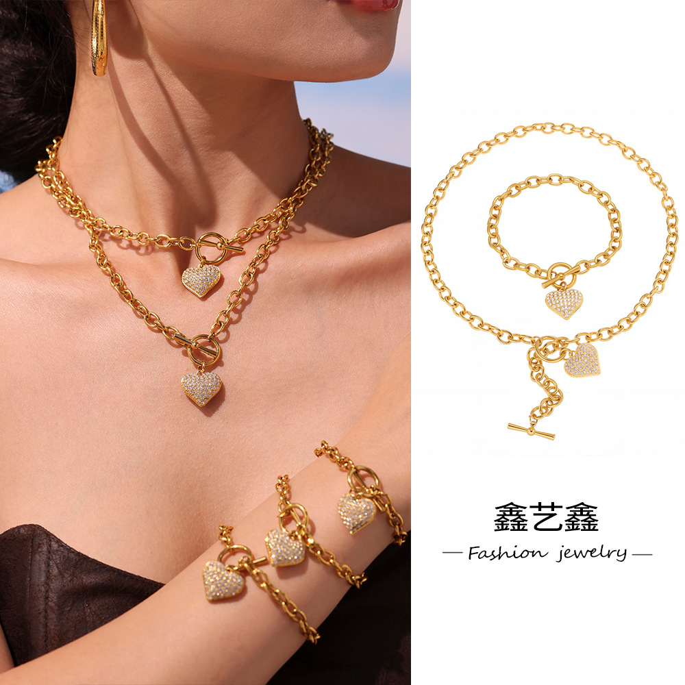 Xinyixin European and American style jewelry set, full diamond 5A zircon heart OT buckle clavicle necklace and bracelet set, stainless steel.