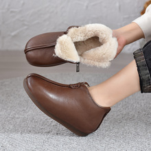 2024冬季头层牛皮妈妈鞋棉鞋平底短靴女加绒保暖皮靴软底防滑真皮
