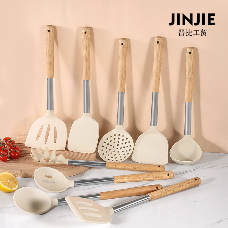 Cross-border elm wood handle silicone kitchenware set non-stick pan silicone spatula soup spoon set home cooking spatula complete set
