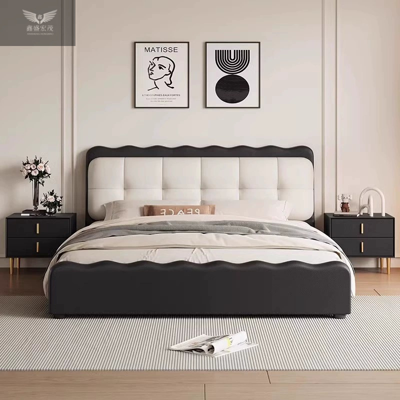 Camas dobles retro, cama francesa retro, dormitorio principal, cama de cuero negro, cama ondulada italiana moderna y simple.