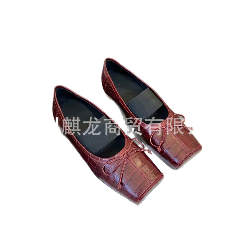 高端2025新款真皮方头复古蝴蝶结松紧弹力一字带平底芭蕾舞鞋单鞋|undefined