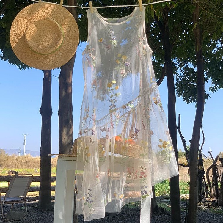 "Butterfly Spirit Flower" Mesh Embroidered Sleeveless dress Women's Summer Loose Overlapped Skirt Tank Dress