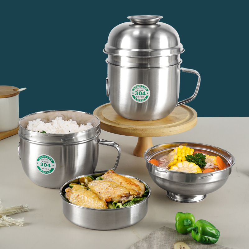 Alimentos grado 304 comida rápida taza capas redonda cantina caja de almuerzo con tapa sellada caja de almuerzo de gran capacidad de fideos instantáneos taza