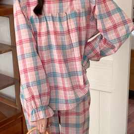 韩版秋冬新款睡衣女长袖长裤学生粉色格子甜美外穿大码家居服套装