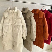 爱依服韩版长款羽绒服女冬季新款加厚白鸭绒连帽宽松面包服外套女