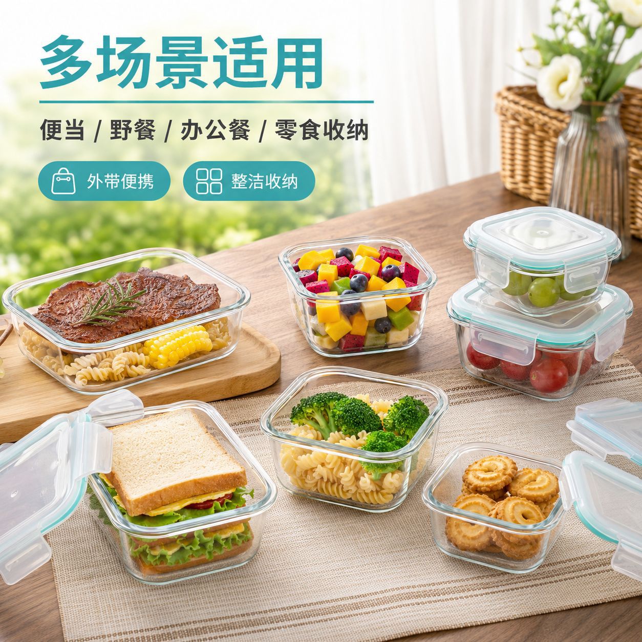 Caja de almuerzo de vidrio de alto borosilicato transfronterizo puede ser sellada por microondas para oficina caja de almuerzo refrigerador caja de almuerzo fresca al por mayor