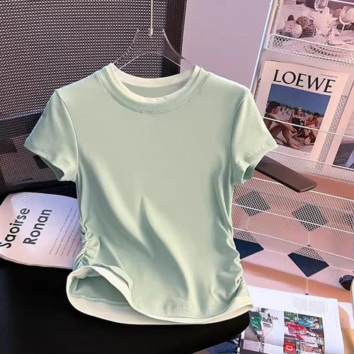 Women's Summer Versatile Korean Style Round Neck Collared T-Shirt with Two-Piece Contrast Color Modal Short Sleeve Top