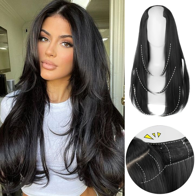 Wig Women's Medium and Long Hair One-piece Inner Buckle No Mark Invisible Layering Long Curly Hair Patch V-shaped Natural Wig