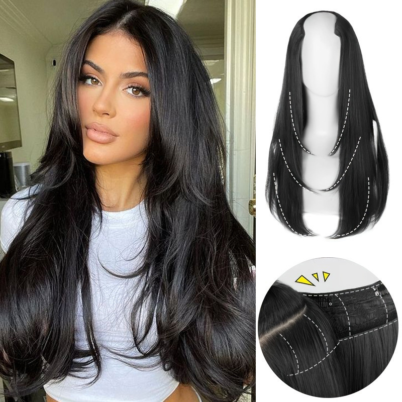 Wig Women's Medium and Long Hair One-piece Inner Buckle No Mark Invisible Layering Long Curly Hair Patch V-shaped Natural Wig Wig Women's Medium and Long Hair One-piece Inner Buckle No Mark Invisible Layering Long Curly Hair Patch V-shaped Natural Wig